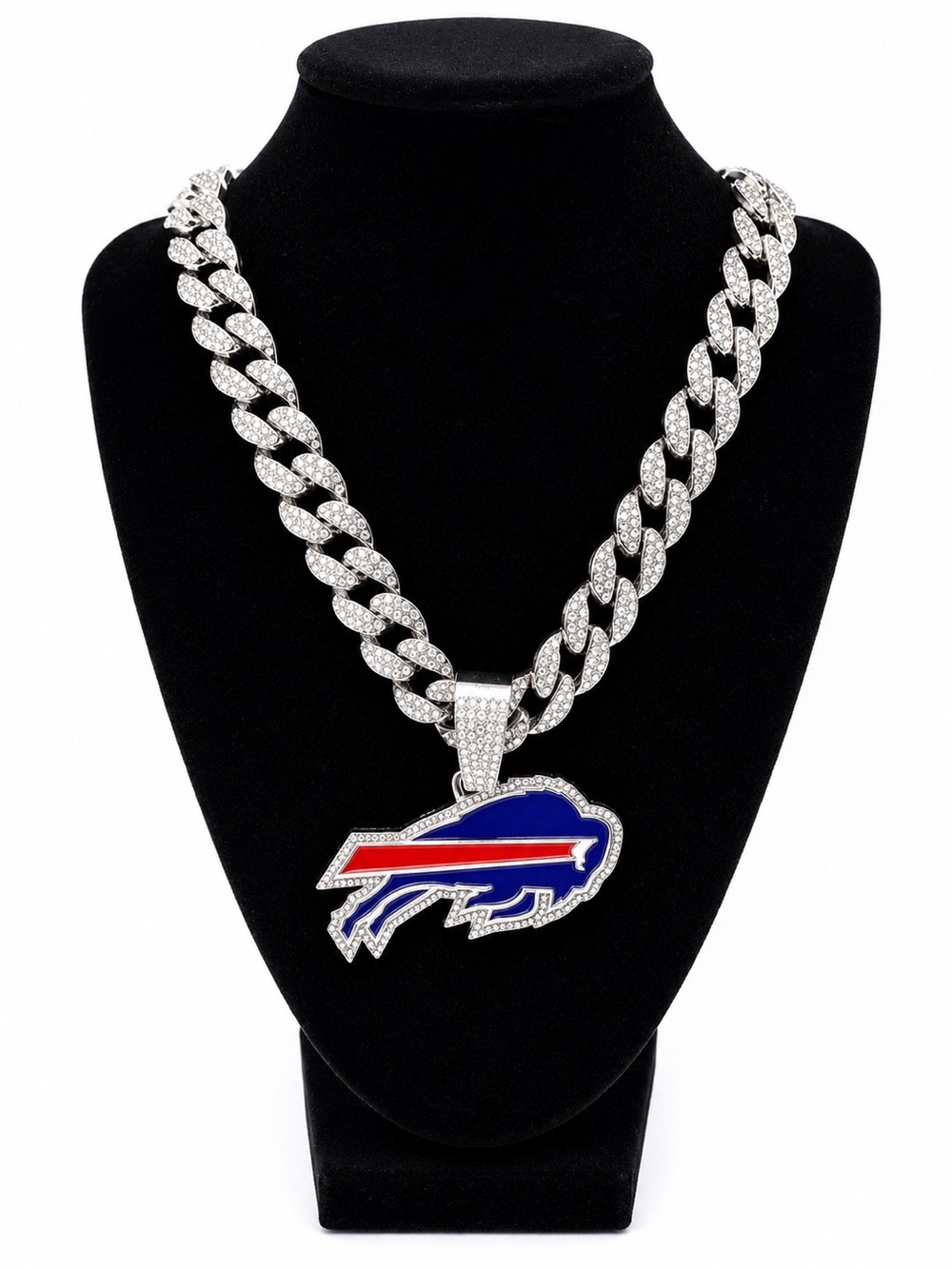 NFL Buffalo Bills Silver Cuban Chain Necklace with Red & Blue Logo Pendant